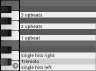 Screenshot of a digital piano roll showing various musical articulations and timings, including 3 upbeats, Tremolo, and Single hits, demonstrating features of a Vienna Symphonic Library instrument.
