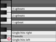 Vienna Symphonic Library piano roll showing musical articulations like 3 upbeats, 2 upbeats, 1 upbeat, single hits right, tremolo, and single hits left.