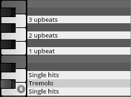 A digital representation of a piano keyboard with black and white keys, alongside a list of musical articulations including 3 upbeats, 2 upbeats, 1 upbeat, Single hits, and Tremolo, for music production software.