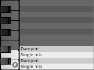 Digital audio workstation interface displaying piano roll with Damped and Single hits labels, demonstrating Vienna Symphonic Library sound samples.