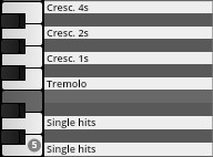 Vienna Symphonic Library piano roll interface showing orchestral articulations like crescendo, tremolo, and single hits.