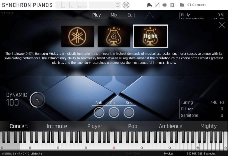 Synchron Pianos virtual instrument interface showing sound options, dynamic controls, piano keyboard, and text describing the Steinway D-274 Hamburg Model.