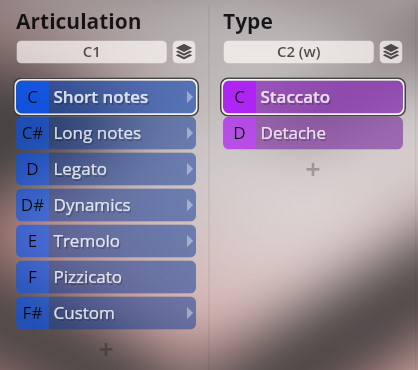 Vienna Symphonic Library software interface showing Articulation and Type settings for musical instruments, including options like Short notes, Long notes, Legato, Dynamics, Tremolo, Pizzicato, Custom, Staccato, and Detache.