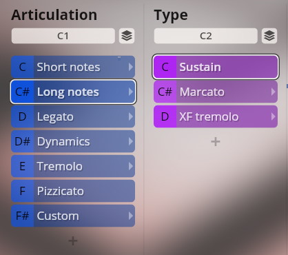Software interface displaying Articulation and Type menus for musical parameters, with Long notes and Sustain selected, relevant to Vienna Symphonic Library Studio Special Editions 2 for extended orchestra.