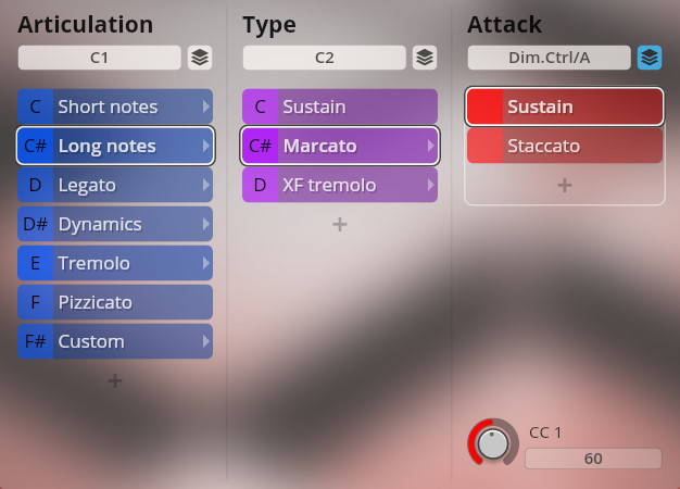 Virtual Studio Technology (VST) interface for Vienna Symphonic Library's Special Edition 2, showing articulation, type, and attack controls with Long notes and Marcato selected for orchestral sound customization.