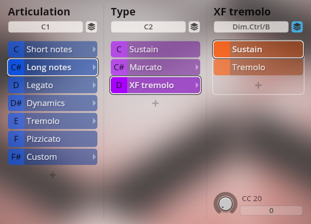 Vienna Symphonic Library Synchron Instruments interface showing articulation, type, and XF tremolo settings for orchestral sounds including long notes, sustain, marcato, and tremolo.