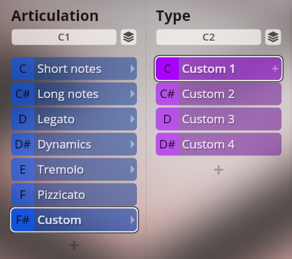 Vienna Symphonic Library software interface showing articulation and type selection boxes.