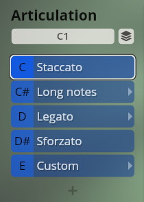 Musical articulation menu showing options for C Staccato, C# Long notes, D Legato, D# Sforzato, and E Custom for Vienna Symphonic Library software.