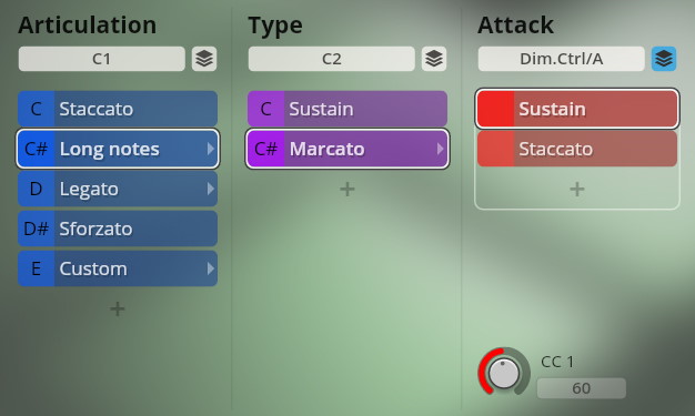 Software interface displaying articulation, type, and attack controls for Special Winds, Choir & Voices virtual instruments, with selected options like Long notes, Marcato, and Sustain visible.