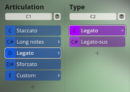 Vienna Symphonic Library software interface showing articulation and type options for musical instrument sounds, including legato, staccato, and sforzato settings.