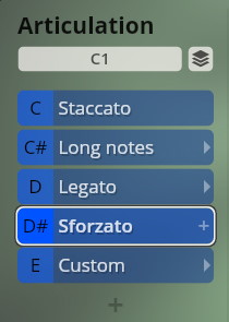 Vienna Symphonic Library Special Edition 4 articulation menu displaying musical performance options like Staccato, Long notes, Legato, Sforzato, and Custom.