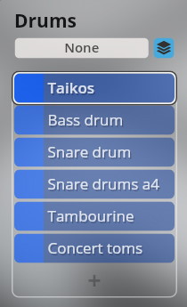 User interface showing a dropdown menu for Drums with Taikos, Bass drum, Snare drum, Snare drums a4, Tambourine, and Concert toms selected for Studio Special Editions Essential Orchestra.