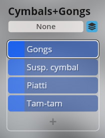 Screenshot showing a Cymbals+Gongs instrument selection menu with Gongs, Suspended Cymbal, Piatti, and Tam-tam options, part of the Vienna Symphonic Library Synchron Instruments.