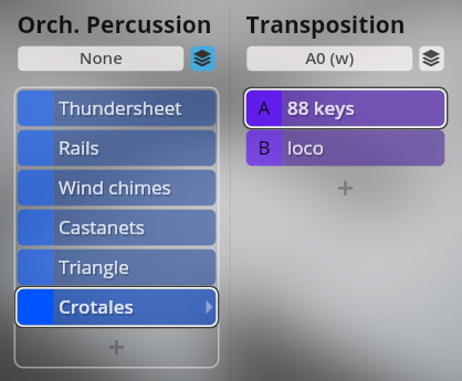 Vienna Symphonic Library Synchron Instruments interface showing orchestral percussion and transposition settings for Studio Special Editions 1 - Essential Orchestra.