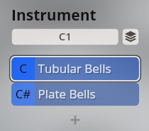 Screenshot displaying the Instrument section of a Vienna Synchron Player software interface, showing selectable options for C1, Tubular Bells, and Plate Bells.