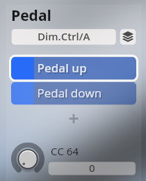 Pedal control interface for Synchron Instruments, showing Pedal up, Pedal down options, and CC 64 controller.