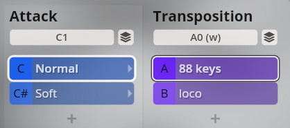User interface showing Attack and Transposition settings for Vienna Synchron Instruments, featuring options like Normal, Soft, 88 keys, and loco.