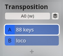 User interface showing Transposition settings, with A0 (w) selected, and options A 88 keys and B loco for music software.