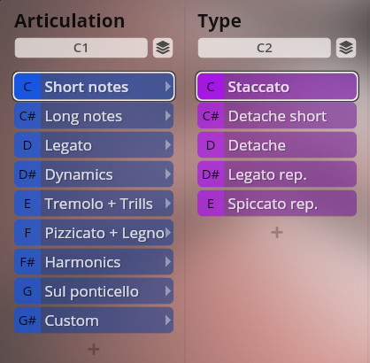 User interface showing Articulation and Type menus for Vienna Symphonic Library Synchron Instruments with options like staccato, legato, short notes, and pizzicato.