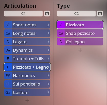 Software interface displaying musical articulation options for virtual instruments, including Pizzicato, Legato, Tremolo, Harmonics, and Col legno, from Vienna Symphonic Library's Synchron Instruments.