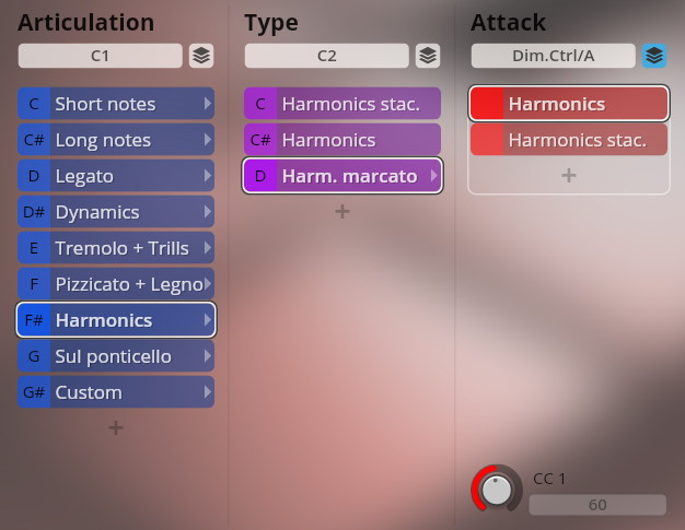 Screenshot of the Vienna Symphonic Library Synchron Instruments interface showing articulation, type, and attack controls for orchestral sounds, with Harmonics selected in all three sections.