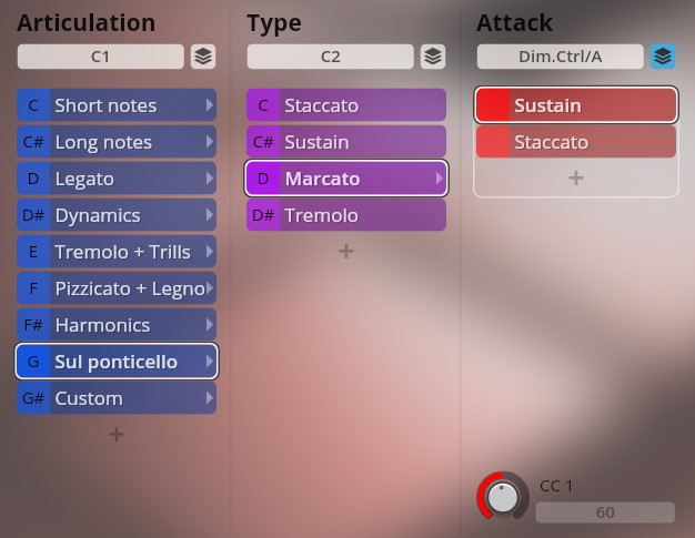 Vienna Symphonic Library Synchron Instruments interface showing articulation type and attack settings for orchestral sounds including Sul ponticello Marcato and Sustain options