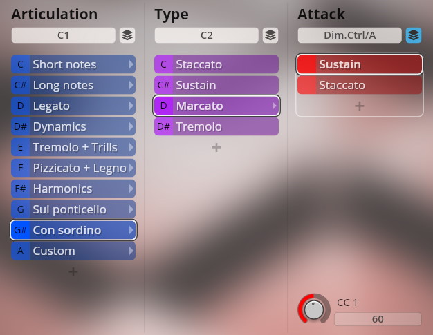 Vienna Symphonic Library software interface displaying articulation, type, and attack settings for Synchron Instruments, featuring options like Con sordino, Marcato, and Sustain for orchestral sounds.
