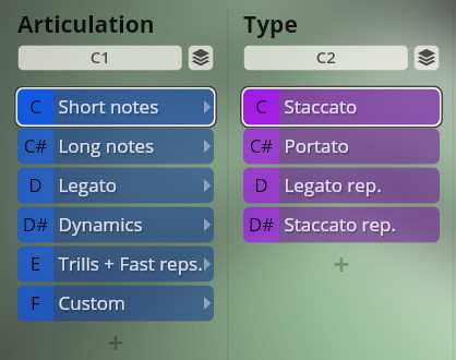 User interface displaying musical articulation and type options for Vienna Symphonic Library Studio Special Editions 2, including short notes, legato, staccato, and portato.