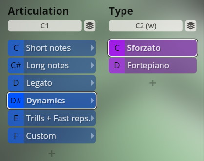 User interface showing musical articulation options like dynamics, sforzato, and fortepiano for Vienna Symphonic Library Studio Special Editions 2 software.