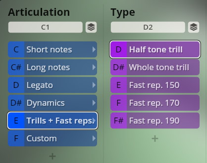 Vienna Symphonic Library software interface displaying articulation and type options, including trills, fast repetitions, half tone trill, and whole tone trill settings.