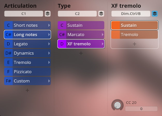 Vienna Symphonic Library software interface showing articulation, type, and XF tremolo settings, with Long notes and XF tremolo selected.