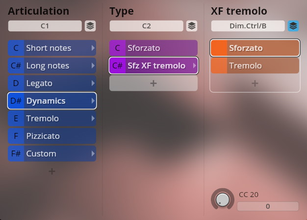Vienna Symphonic Library Studio Special Editions user interface showing Articulation, Type, and XF tremolo settings, with Dynamics and Sfz XF tremolo selected.