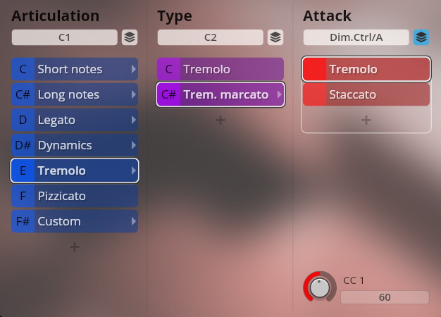 User interface of the Vienna Symphonic Library Studio Special Editions 2 virtual instrument, showing menu selections for 'Articulation', 'Type', and 'Attack'. 'Tremolo' is highlighted under 'Articulation', 'Trem. marcato' is highlighted under 'Type', and 'Tremolo' is also highlighted under 'Attack'.