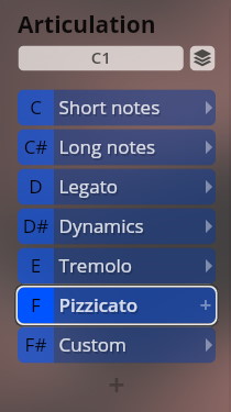 User interface showing articulation options for orchestral samples, with Pizzicato highlighted for Studio Special Editions 2.