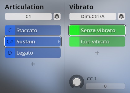 Vienna Symphonic Library software interface displaying articulation options like Sustain, Staccato, Legato, and vibrato controls including Senza vibrato and Con vibrato for orchestral sound customization.
