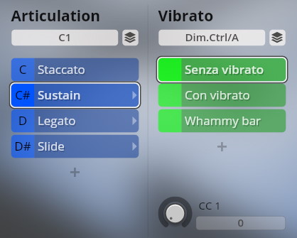 User interface displaying music articulation and vibrato controls for Studio Special Editions 2 virtual instruments, featuring Sustain, Staccato, Legato, Slide, and vibrato options.