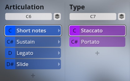 User interface showcasing musical articulations and types, including short notes, sustain, legato, slide, staccato, and portato for Studio Special Editions 2 Extended Orchestra and Vienna Symphonic Library.