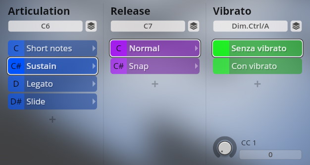 Vienna Symphonic Library Studio Special Editions 2 interface showing Articulation, Release, and Vibrato settings for orchestral instruments, with Sustain, Normal, and Senza vibrato (without vibrato) options highlighted.