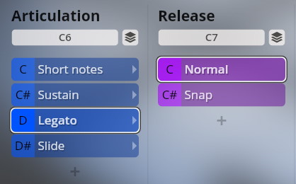 Screenshot of the Articulation and Release sections of the Vienna Symphonic Library interface, showing options like Legato, Short Notes, Sustain, Slide, Normal, and Snap.