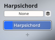 Screenshot of a software interface showing the Harpsichord instrument selected, with an option for None above.