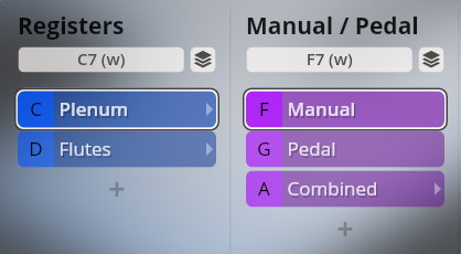 Software interface displaying audio sample categories: Registers (Plenum, Flutes) and Manual/Pedal (Manual, Pedal, Combined) options for Extended Orchestra in Vienna Symphonic Library.