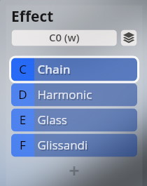 Digital interface showing the Effect section with C0(w) selected, and effect options Chain, Harmonic, Glass, and Glissandi.