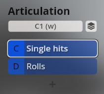 Vienna Symphonic Library software interface showing Articulation options: C1 (w), C Single hits, D Rolls.