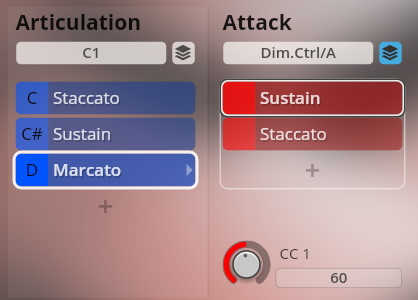 Vienna Symphonic Library Studio Special Editions 2 software interface showing Articulation (Staccato, Sustain, Marcato) and Attack (Sustain, Staccato) controls for extended orchestra sound programming.