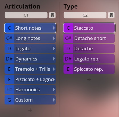 VIENNA Symphonic Library Studio Special Editions 2 interface showing articulation and type selection menus with music terms like staccato, legato, short notes, and long notes.