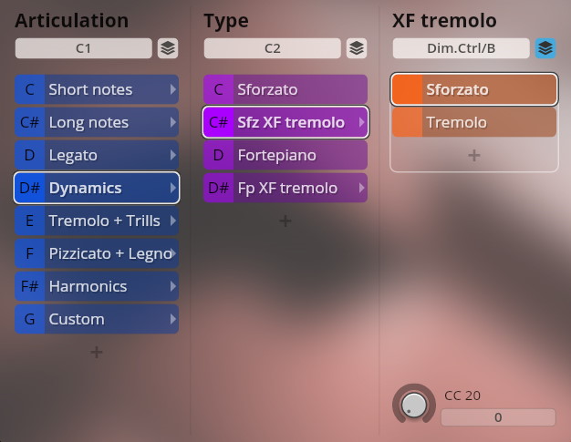 Vienna Symphonic Library software interface displaying articulation, type, and XF tremolo settings for Studio Special Editions 2 - Extended Orchestra.