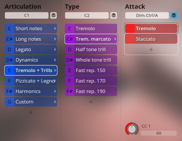 Vienna Symphonic Library Studio Special Editions 2 interface showing articulation, type, and attack selections for instruments.