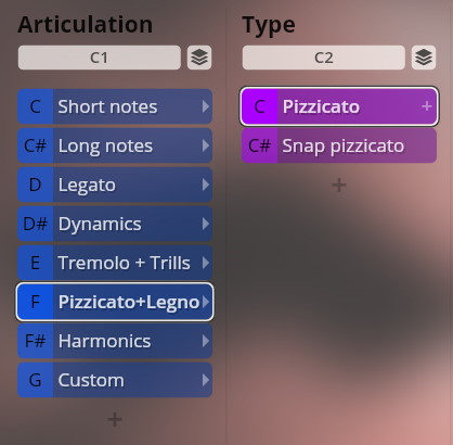 Digital interface showing musical articulation options like pizzicato, legato, and tremolo for orchestral VSTs.