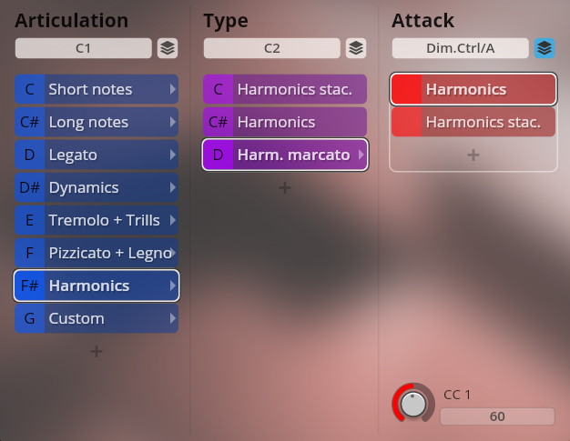 Vienna Symphonic Library software interface showing articulation, type, and attack settings for musical parameters, with Harmonics selected under Articulation.