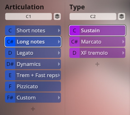 Screen display showing articulation and type options for musical instruments, including long notes, sustain, marcato, and tremolo settings in Studio Special Editions.